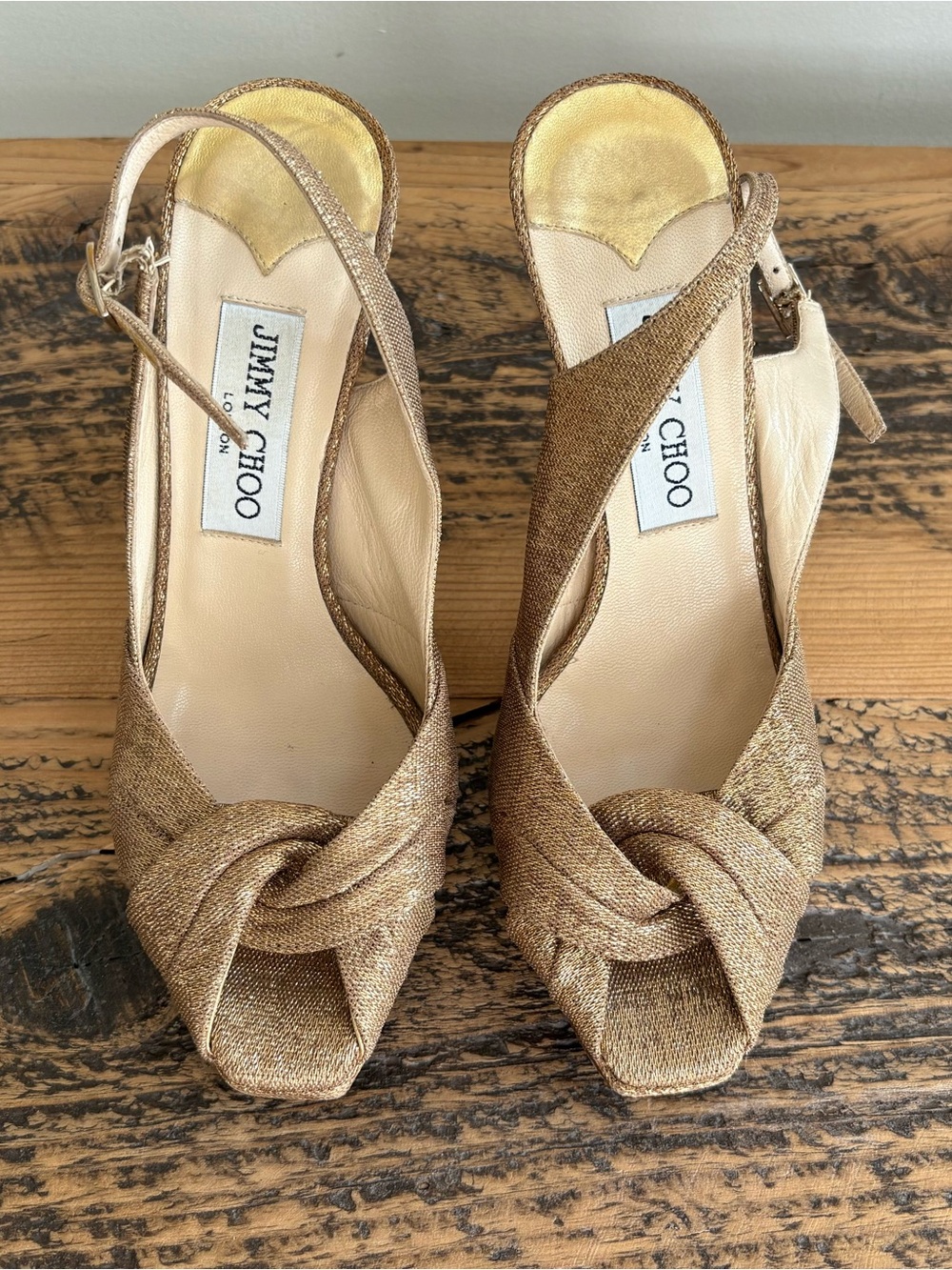 Jimmy Choo Gold Metallic Twist Peep Toe Platform Slingback Heels Size 36.5